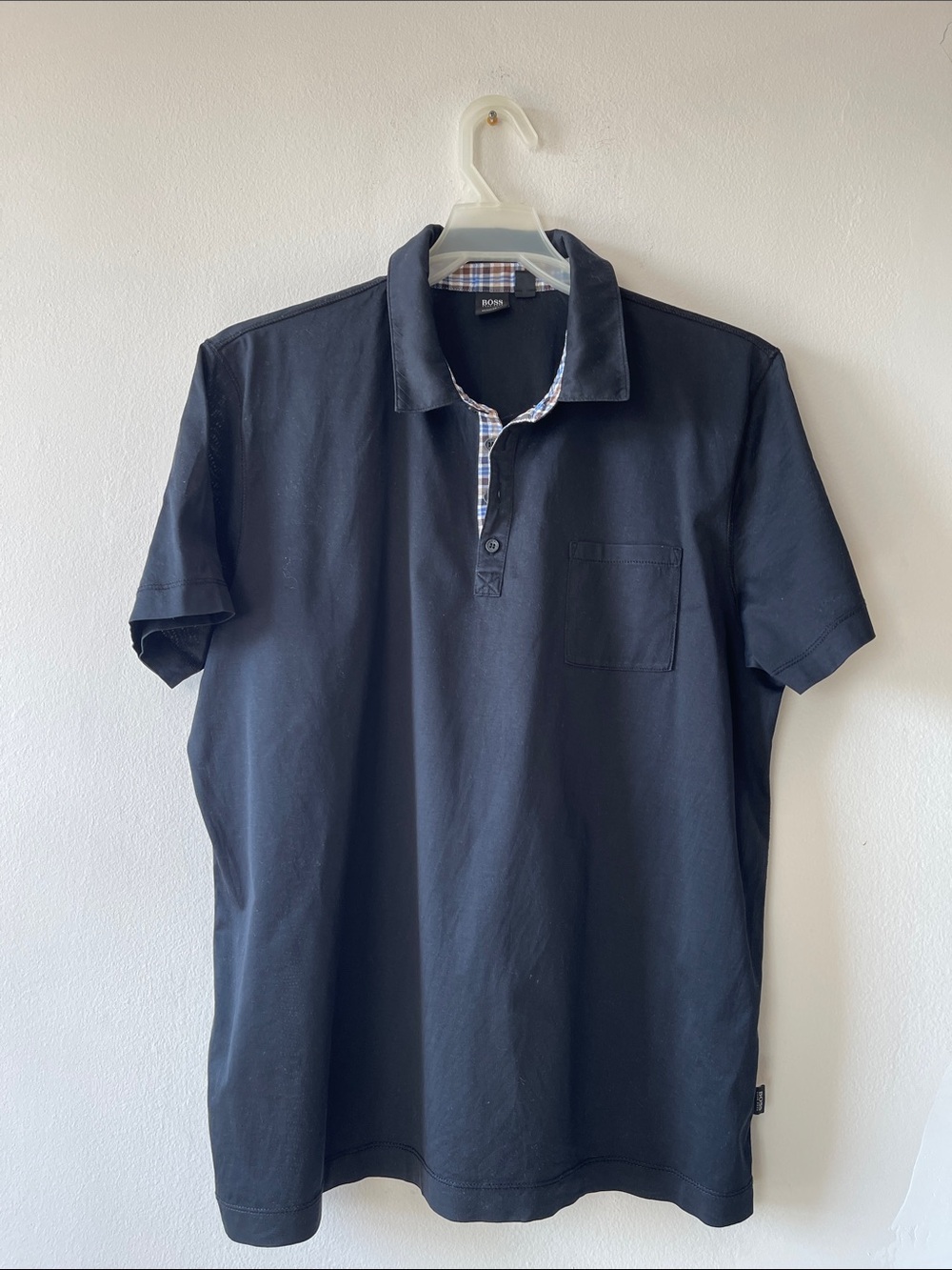 Boss Men’s Navy Polo with Plaid Trim